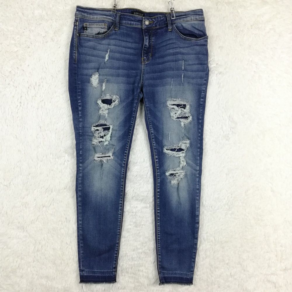 Judy Blue Womens Jeans Skinny Fit Denim Blue Ripped Patched Stone‎ Wash 34
